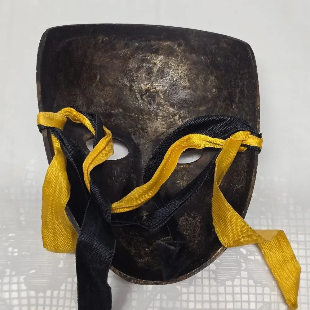 Vintage Solid Brass Theater Entity Mask Black Gold Wall Hanging MCM Decor